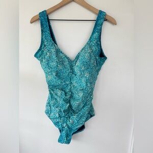 Byron Blue One Piece Swimsuit with‎ V-Neckline and High Leg Cut Ruching Size 14